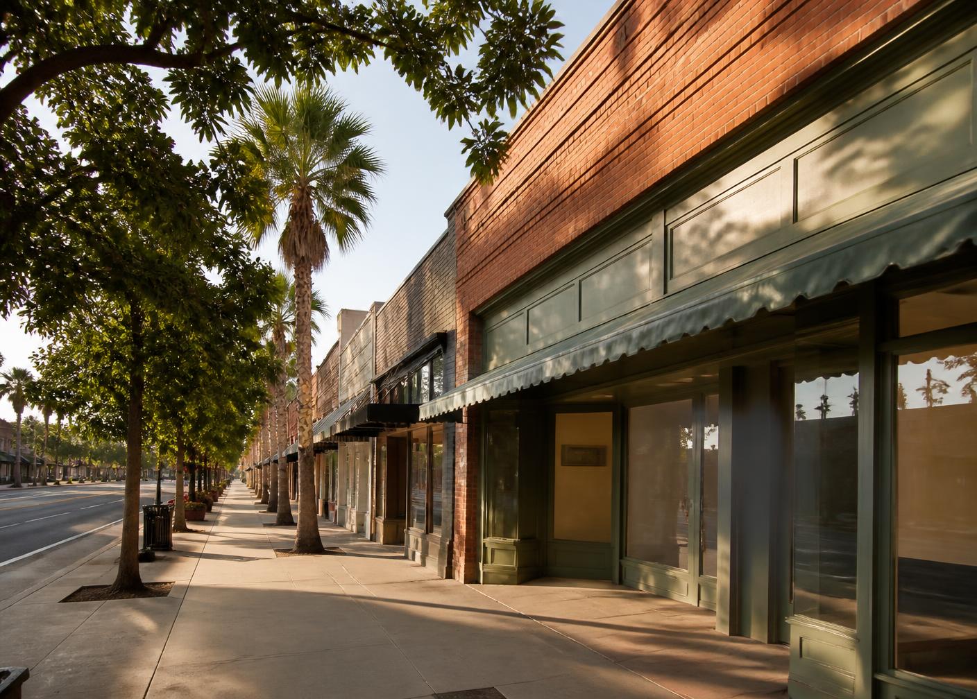 Quiet downtown commercial corridor with brick storefronts in California's Central Valley